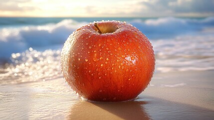 Wall Mural - a single red apple on the beach with water droplets on it and the sunset in the background.