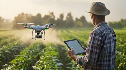 Poster - Farmer Using Drone Technology for Precise Crop Spraying and Monitoring with Connected Tablet