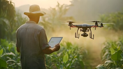 Poster - Farmer Using Drone Technology to Optimize Crop Spraying and Efficiency in Agricultural Field
