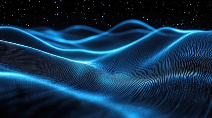 Wall Mural - Blue glowing light rays on a black background. A futuristic digital abstract backdrop with lines and stars. A technology wallpaper design. Glowing neon lines. Speed effect