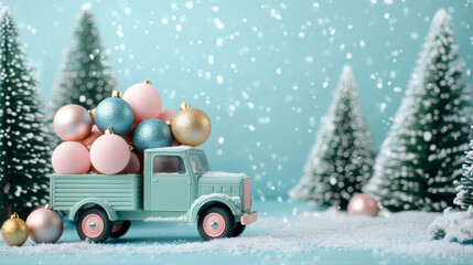 Green Toy Truck Carrying Christmas Baubles in Snow