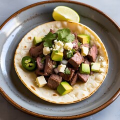 A close-up view of a gourmet taco poised just before taking a bite 