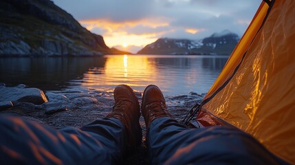 Aufkleber - The sun sets over a tranquil lake, casting warm colors in the sky. A camper relaxes with feet extended, soaking in nature's beauty by their tent.