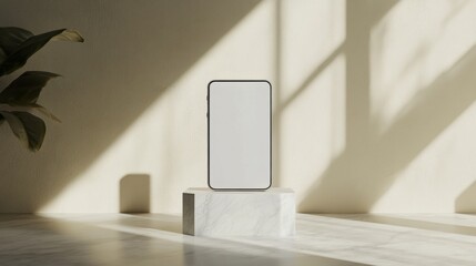 Leinwandbilder - A sleek smartphone stands on a small marble pedestal, bathed in warm sunlight that casts gentle shadows on a softly colored wall, creating an atmosphere of modern sophistication and simplicity.