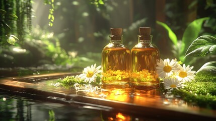 Two glass bottles of essential oil with cork stoppers sit on moss covered rock in a forest setting, with white daisies on the ground and water in the background.