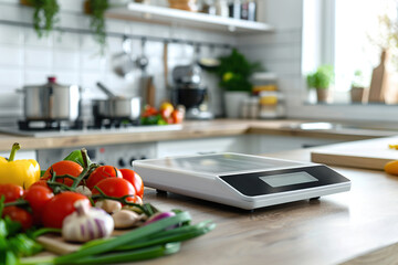 Modern kitchen scales with fresh vegetables