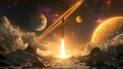 Wall Mural - space rocket launching from alien planet with colorful celestial rings and moons in the background