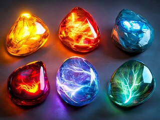 A group of five different colored glass teardrop shaped objects on a table