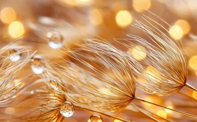 A beautiful macro photograph of fluffy petals and dandelion seeds with dew dop in front of an abstract background of bokeh