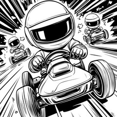 Poster - A thrilling race with characters on hoverboards, anime coloring page for kids, simple outline illustration. Coloring book, simple lines.