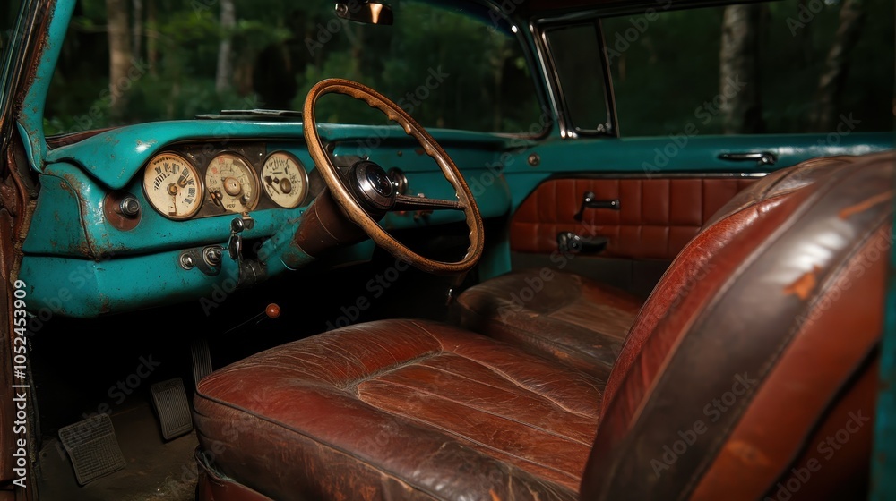Interior of a vintage car featuring brown leather seats and old ...