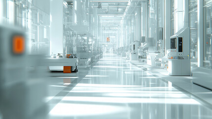 Poster - Bright And Airy Factory Scene With Light Shadows Of Machines And Tools Blended Into A White Background, Reflecting A State-Of-The-Art Facility Focused On Innovation And Production