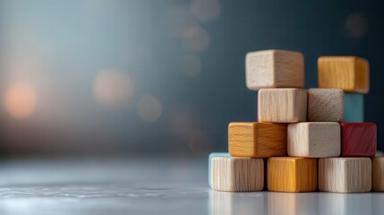 Poster - A selection of colorful wooden blocks artistically stacked on each other, set against a softly blurred background, evoking a sense of creativity and playfulness.