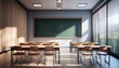 © l1gend - Modern classroom interior with large blackboard and wooden desks. 3D Rendering