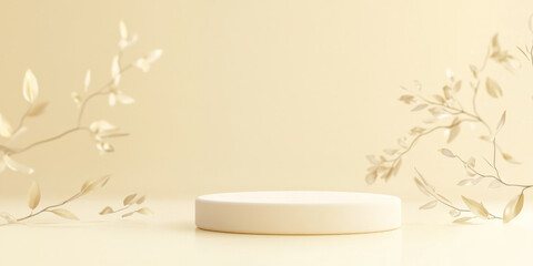 A minimalist white round podium on a pale yellow background, with small, delicate leaves creating a soft, natural touch for a clean and fresh product showcase