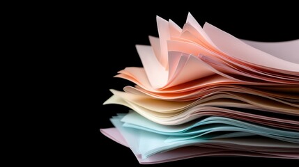 Poster - An artistic stack of papers in pastel shades, layered neatly and contrasted with a black background, emphasizing colors and textures in a pleasing abstract design.