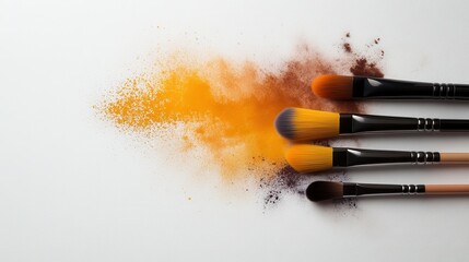 Aufkleber - A set of paintbrushes with colorful pigments scattered on canvas, representing creativity, artistry, and the vibrant world of visual expression and art.