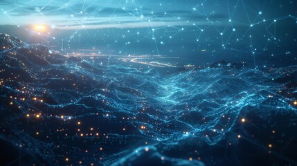 Poster - Illuminated particles and network connections form a futuristic digital landscape, representing global communication and technological advancement in a nighttime setting