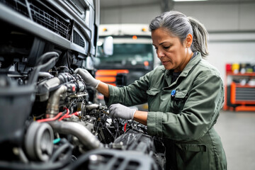 Skilled female mechanic working on truck in modern garage workshop with engine tools