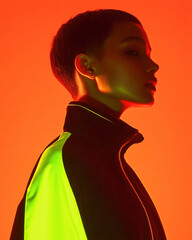 This portrait highlights a woman with short hair, dressed in a sleek black and neon green outfit