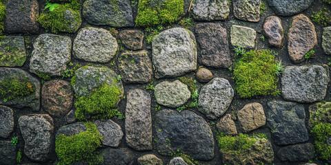 Wall Mural - Close-up of cobblestone pavement covered in patches of green moss and lichen, with the weathered stones creating a textured, natural background filled with earthy tones and organic details