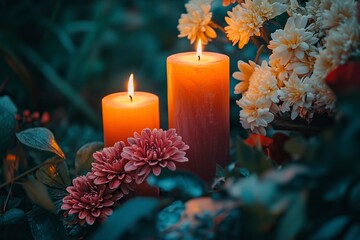 Burning candles for the Day of the Dead surrounded by flowers. Autumn Christian festival. All Saints' Day in Poland, decorations for the cemetery. generative ai