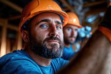 Two construction workers on a site, one foregrounded looking reflecting calm determination. They represent teamwork and dedication, crafting a lasting structure.