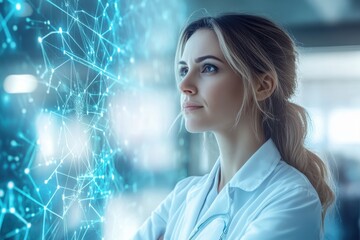 Poster - A focused scientist studies complex data visualizations displayed on a digital interface in the lab