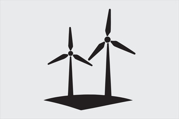 Black and white silhouette of two wind turbines.