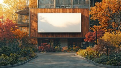 blank billboard in front of a modern building with a wooden paneled wall. A large white screen for advertising on the street.