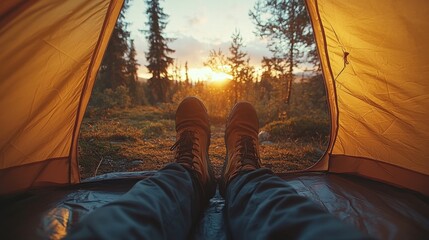 Aufkleber - A person relaxes inside a tent, gazing at a stunning sunset emerging through trees in a serene outdoor setting. The tranquil environment invites peace.