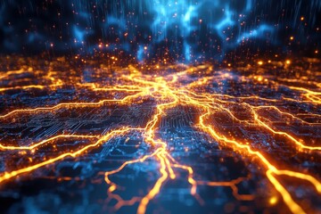 Fototapete - Abstract representation of electric currents flowing through a digital landscape at night