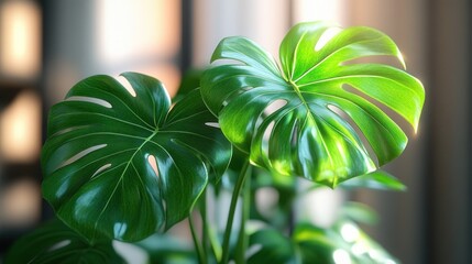 Two large, vibrant green Monstera leaves illuminated by sunlight.