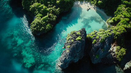 Wall Mural - aerial view of a tropical island cove with turquoise water and lush green foliage