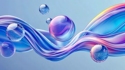 Wall Mural - A blue liquid wave flows through a background of light blue, surrounded by spherical orbs