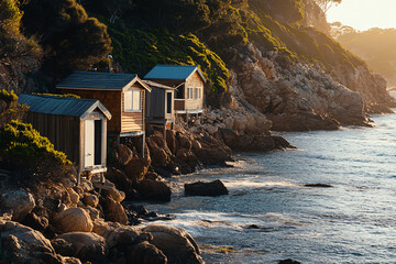Wall Mural - coastal rustic wooden cabins perched on rocky cliff overlooking calm ocean water in australia