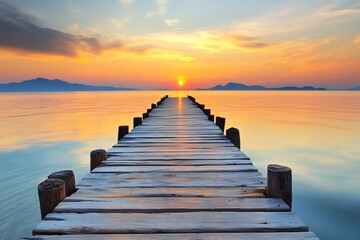 Wall Mural - wooden pier extending towards sunset over calm lake water in golden hour