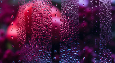 Poster - Water droplets on glass surface creating a textured background with colorful reflections and blurred elements