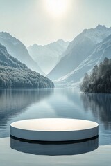 Wall Mural - A tranquil lake view with a circular platform surrounded by mountains and trees during daylight