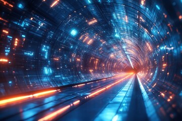 Fototapete - A vibrant, high-tech tunnel glows in a futuristic digital landscape