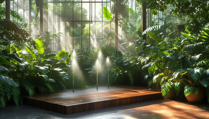 Empty product display podium out of polished dark wood in a lush botanical greenhouse, large glass windows, sunlight, towering tropical plants and ferns, Dewdrops, vibrant green leaves, ad, podium