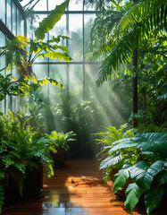 Empty product display podium out of polished dark wood in a lush botanical greenhouse, large glass windows, sunlight, towering tropical plants and ferns, Dewdrops, vibrant green leaves, ad, podium