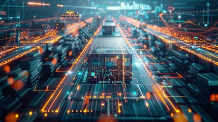 Poster - Complex server racks transferring data through glowing fiber optic cables symbolize the future of technology and high speed communication in a modern data center