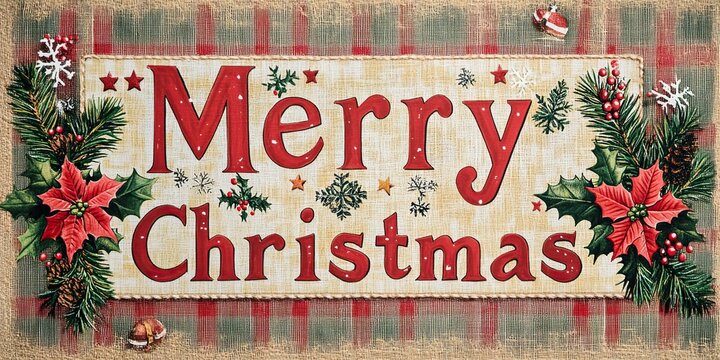 A vintage-style Christmas card featuring the words Merry Christmas in large, bold letters on burlap fabric with red and green checkered patterns