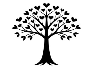 Valentine Tree Silhouette with Heart-Shaped Branches  and leaves Vector Illustration on White Background