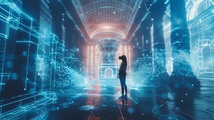 Poster - Woman wearing vr headset exploring virtual reality digital environment experiencing futuristic building, immersive technology simulation
