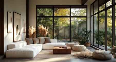 Cozy living room with large sectional sofa and natural decor in a sunlit setting