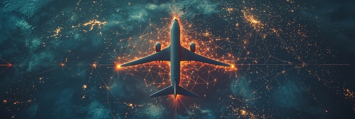 Wall Mural - aerial view of a passenger plane soaring above a network of glowing lights, representing an innovati