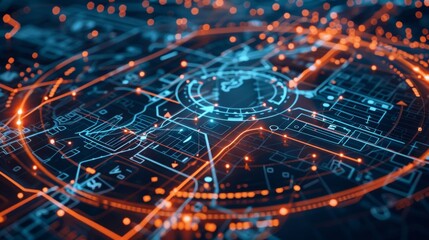 Poster - Complex network of interconnected nodes and pathways visualized on futuristic digital interface, representing data flow, communication, or technological infrastructure