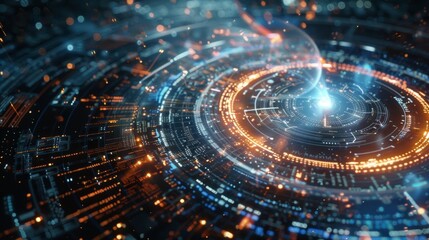 Aufkleber - Complex circular interface displaying data analysis and processing, visualized with glowing lines and intricate patterns, representing advanced future technology